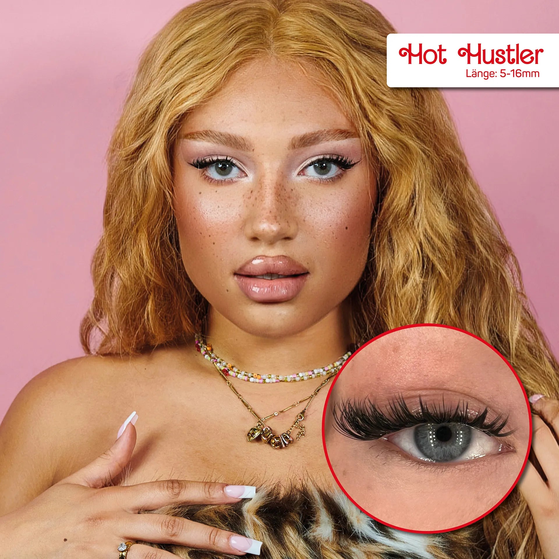 Model mit Hot Hustler DIY Lash-Extensions und Slaybabz Produktbox für einen starken Lash-Look