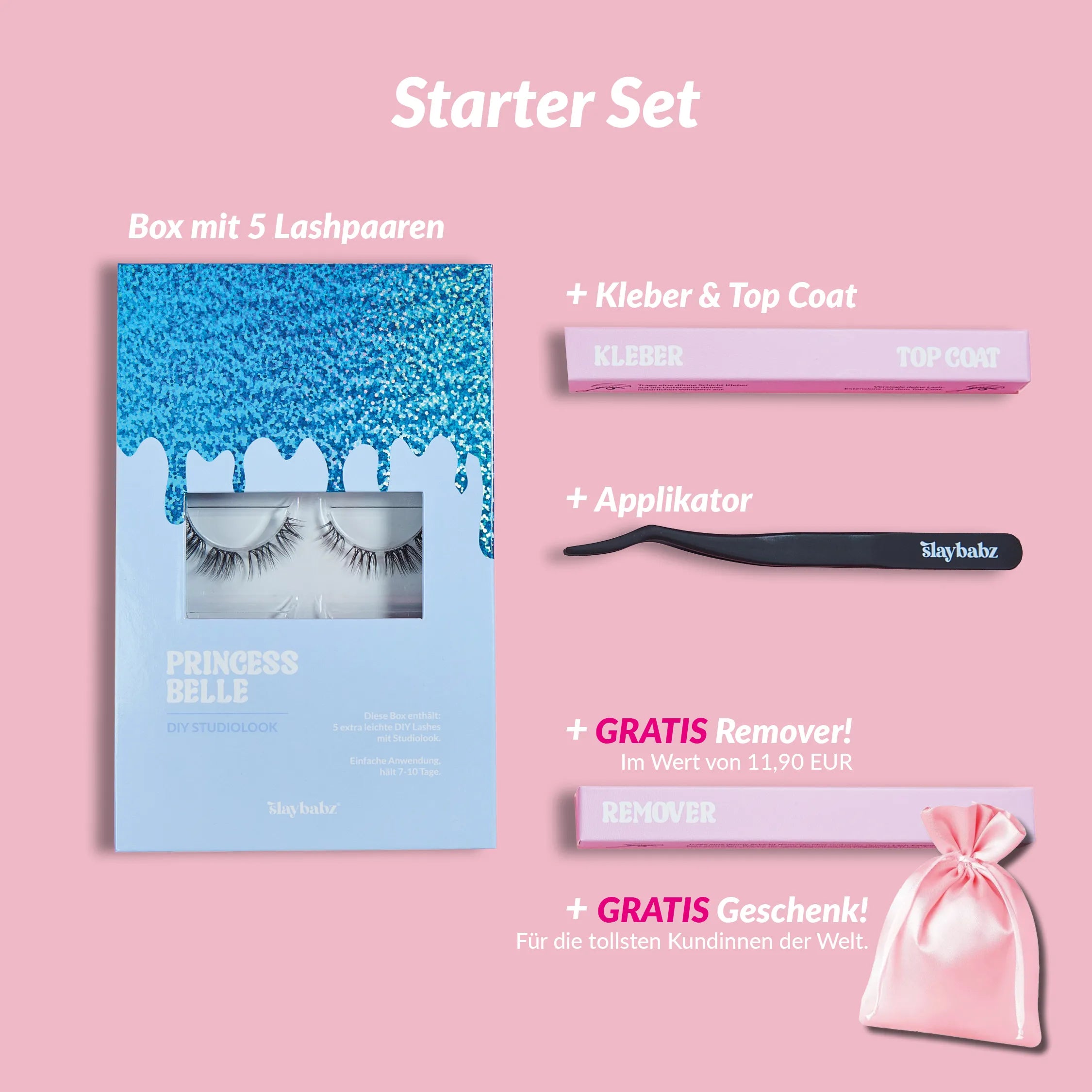Slaybabz Starter Set mit Pretty Princess Belle DIY Lash-Extensions, Kleber, Applikator und Remover