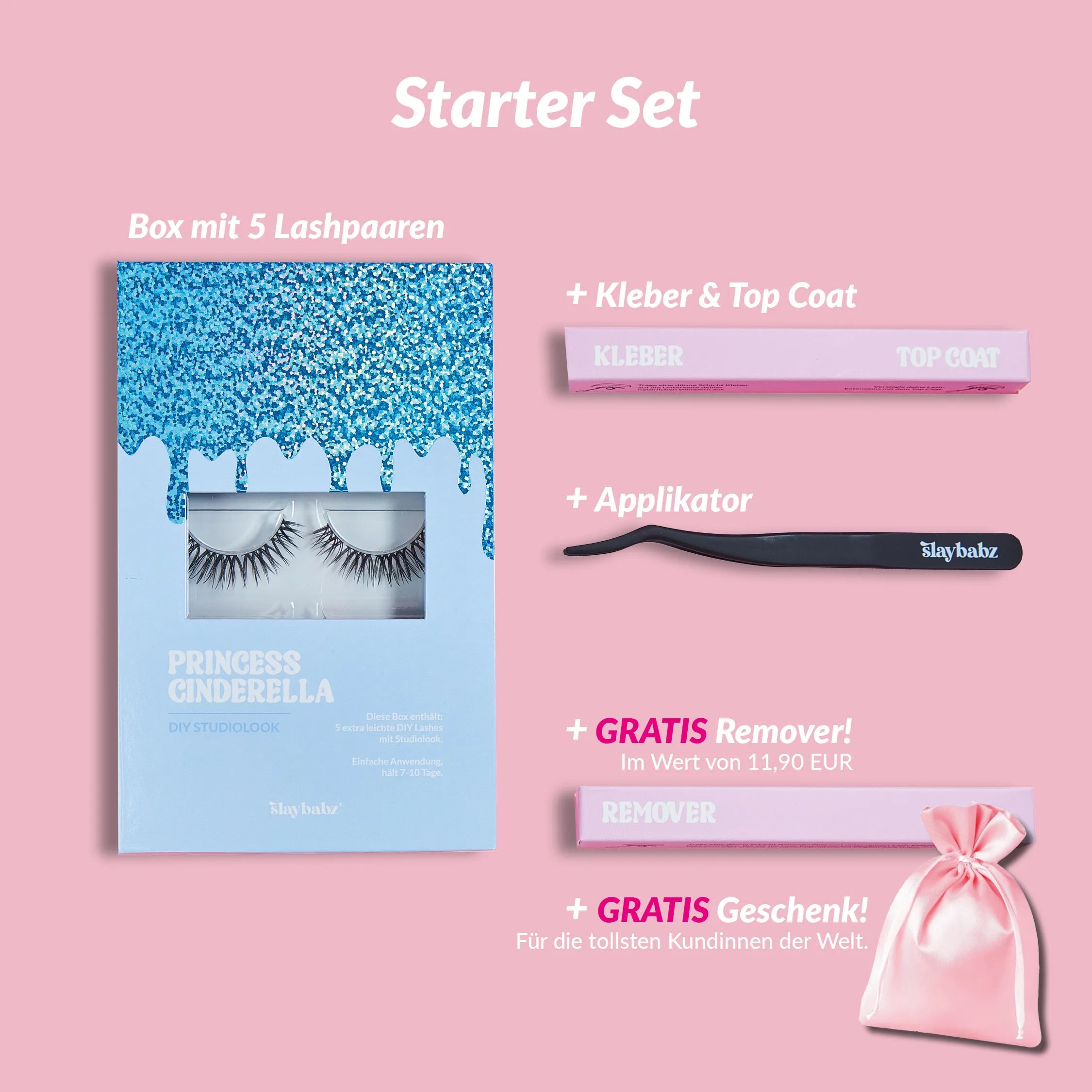 Slaybabz Starter Set mit Pretty Princess Cinderella DIY Lash-Extensions, Kleber, Applikator und Remover