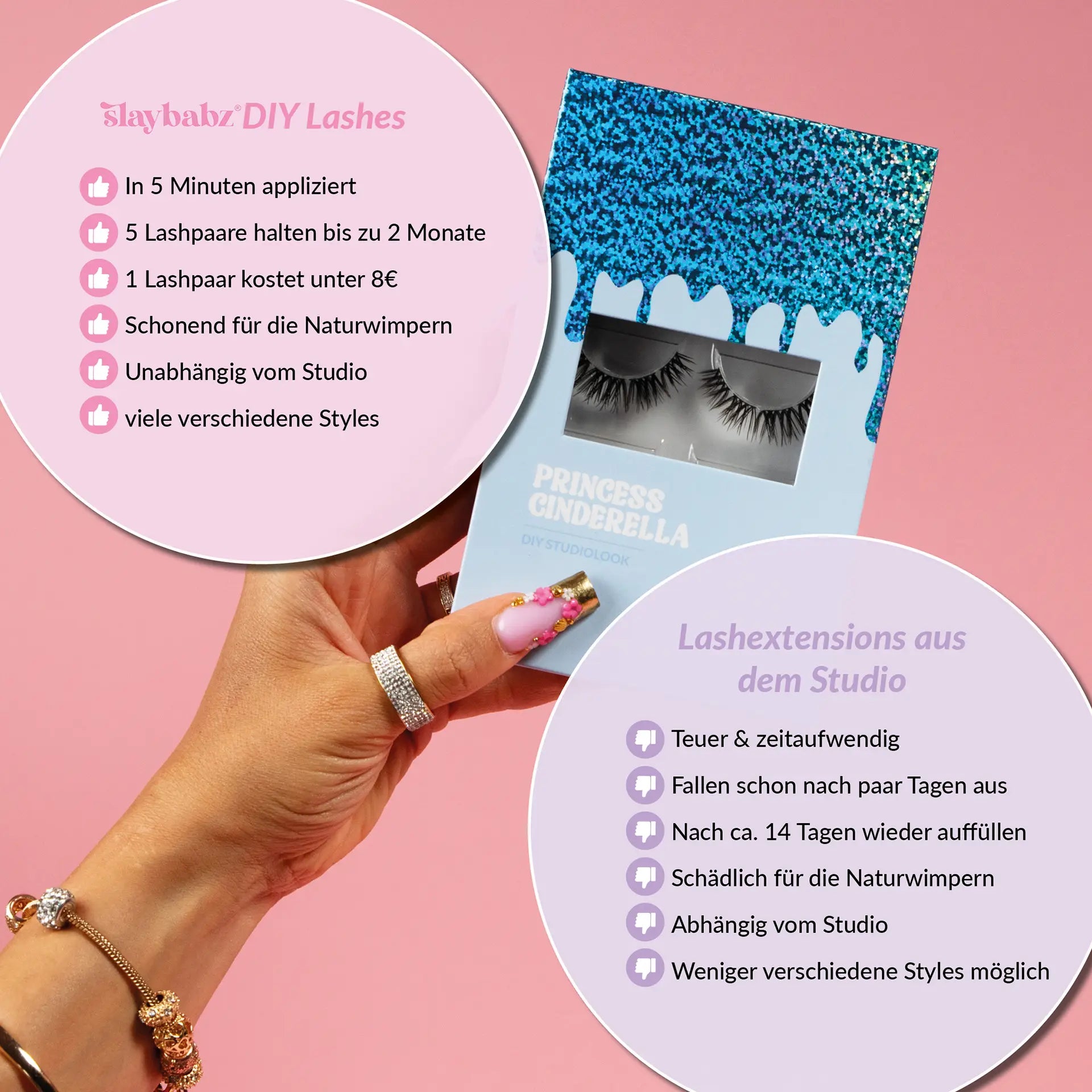 Vergleich von Lash-Extensions aus dem Studio und Slaybabz Pretty Princess Cinderella DIY Lash-Extensions