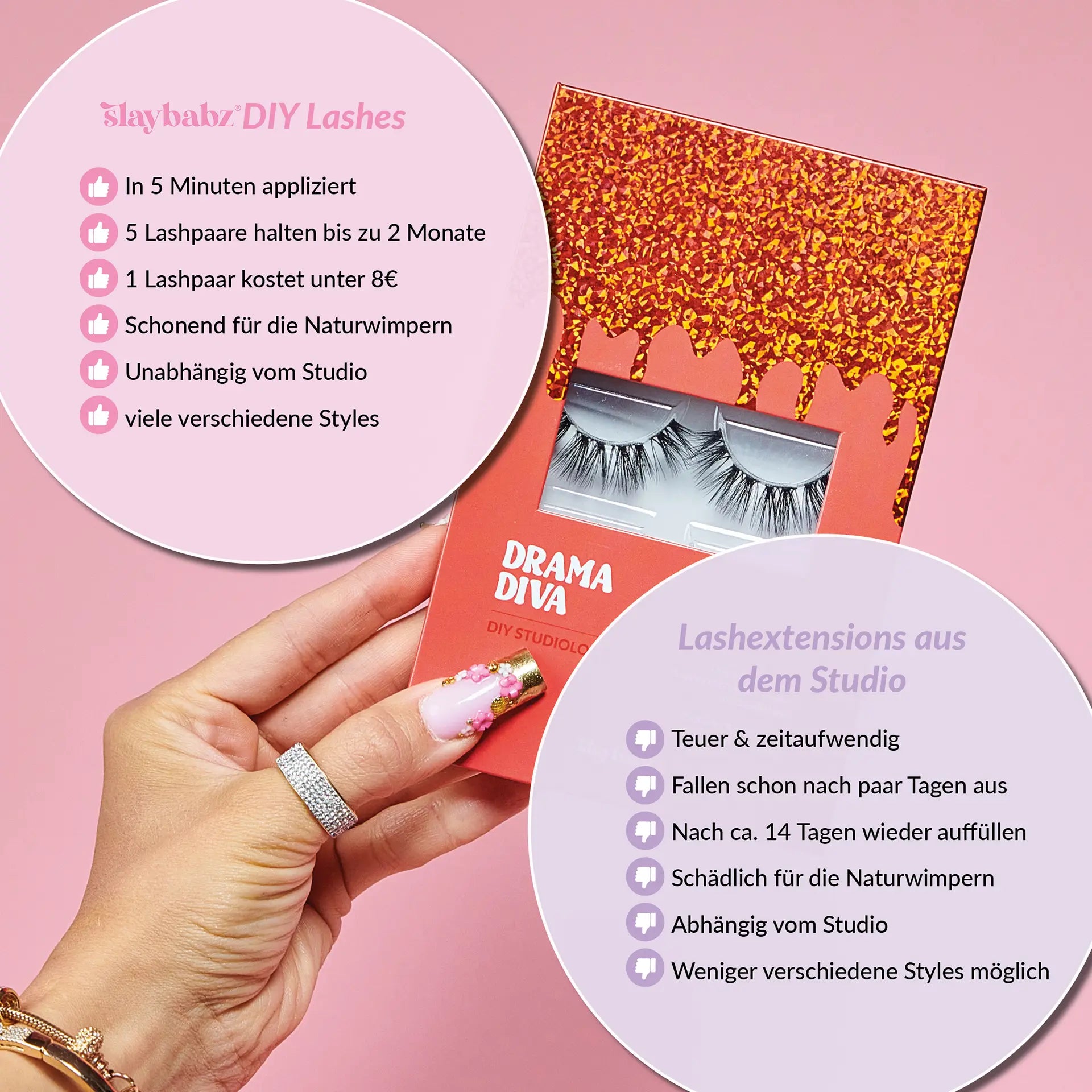 Vergleich von Lash-Extensions aus dem Studio und Slaybabz Drama Diva DIY Lash-Extensions