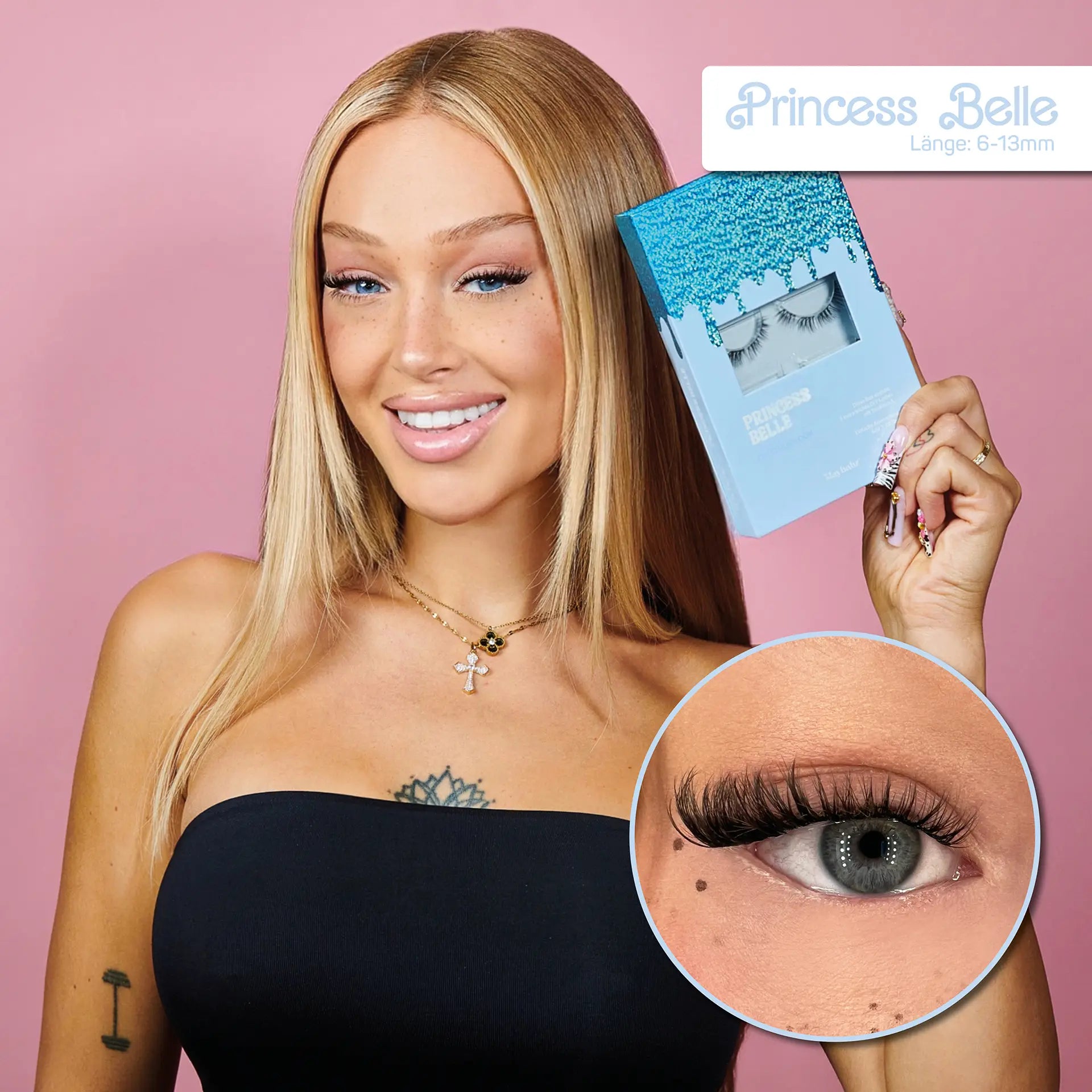 Model mit Pretty Princess Belle DIY Lash-Extensions und Slaybabz Produktbox für einen harmonischen Lash-Look
