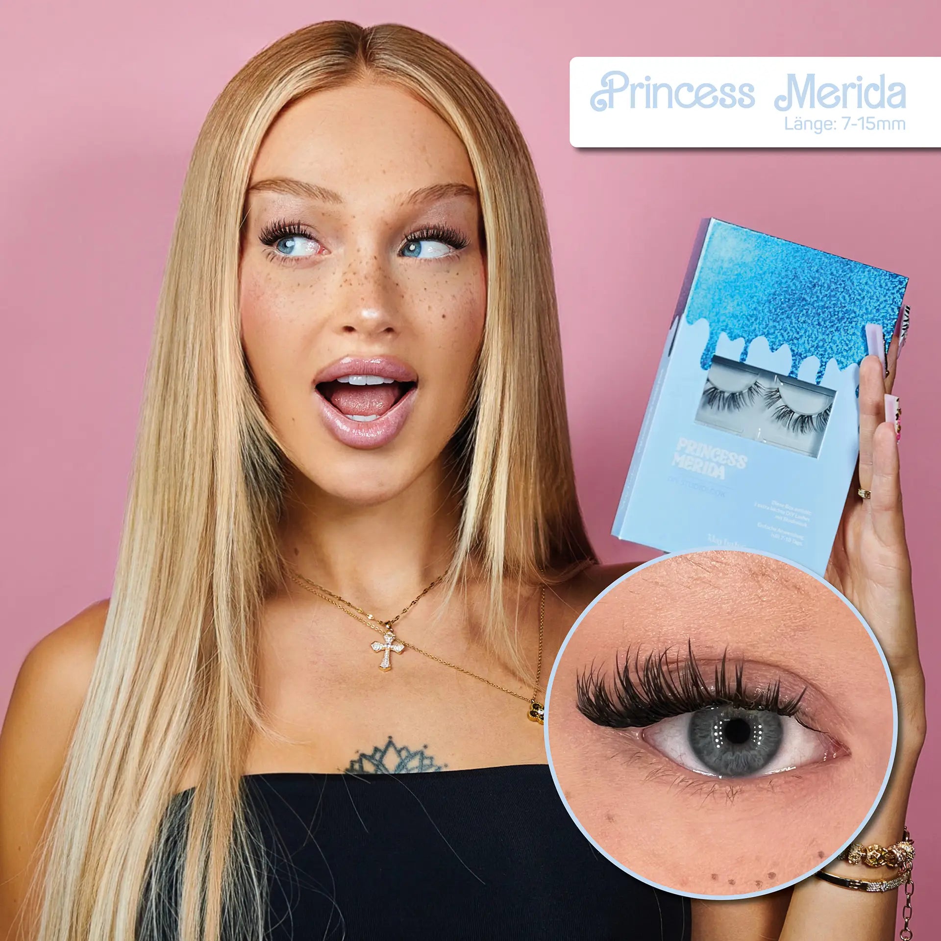 Model mit Pretty Princess Merida DIY Lash-Extensions und Slaybabz Produktbox für einen harmonischen Lash-Look